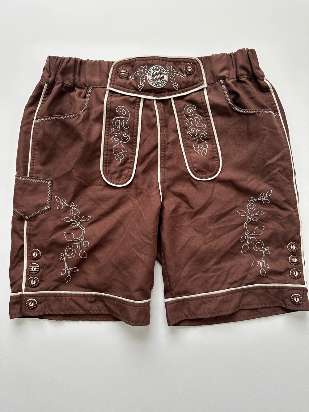 FC BAYERN MUNCHEN Brown Embroidered Lederhosen-Style Shorts with White Piping